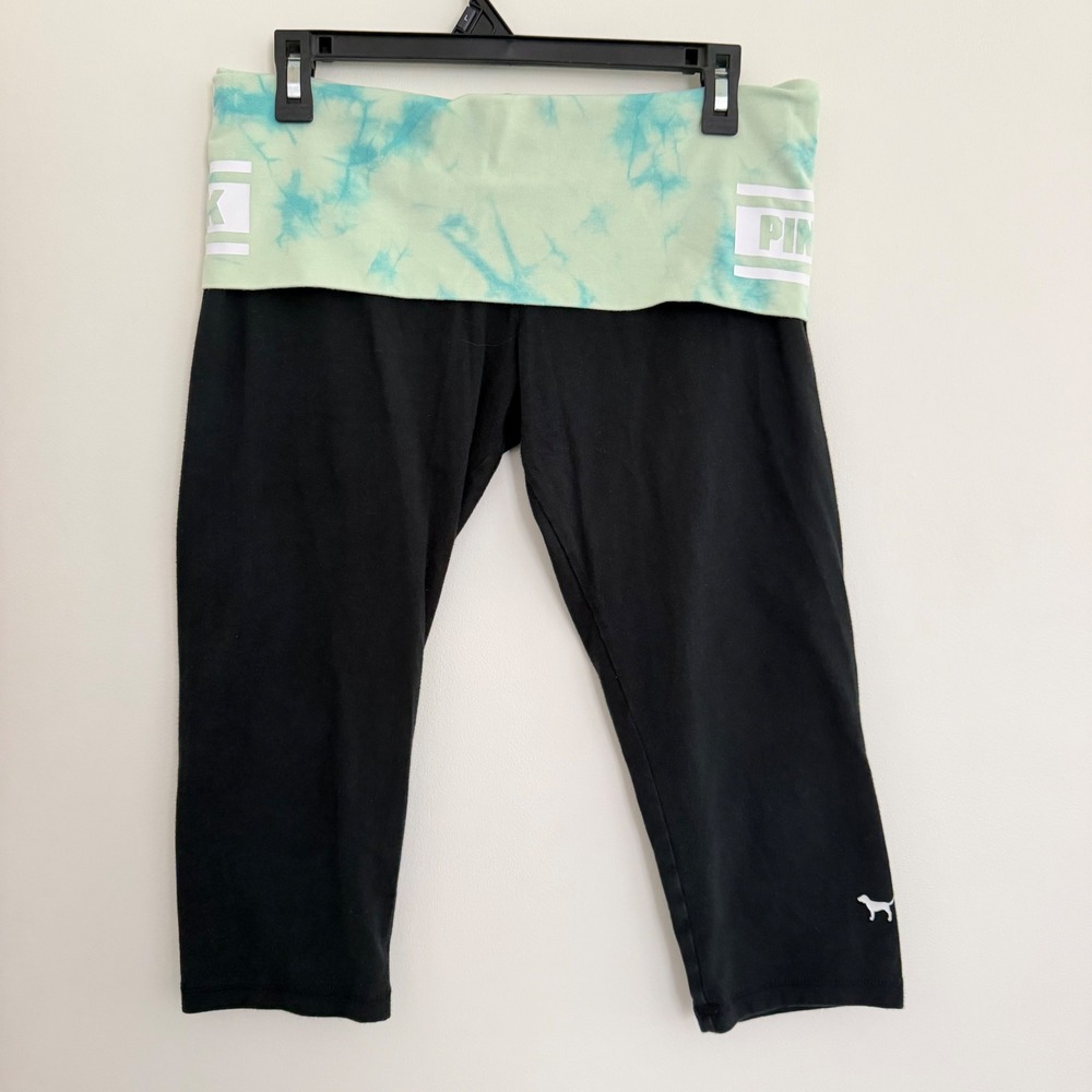 VS PINK Yoga Foldover Leggings Capri Blue Green Tie Dye Logo 2015 Size M